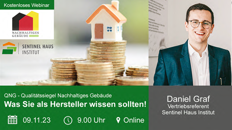 Eine kleines Haus welches auf Münzen steht mit dem QNG-Logo links und dem Referenten des Webinars Herrn Graf rechts